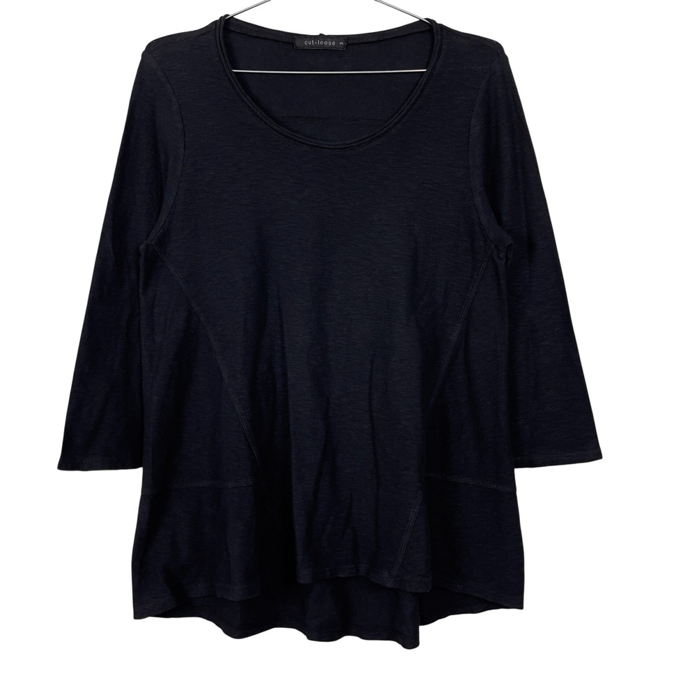 Cut Loose Top 3/4 Sleeve Cotton Linen‎ Slub Knit Small Black Lagenlook Tunic